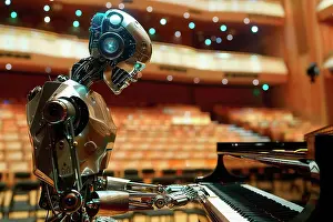 Melody Prints: AI generated image of a Humanoid robot playing piano in a concert hall