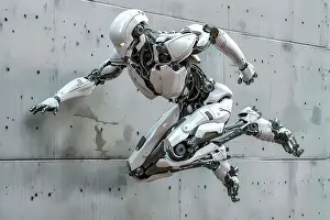Skills Prints: AI generated image of a Humanoid robot practising parkour in an urban environment