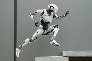 Fitness Prints: AI generated image of a Humanoid robot practising parkour in an urban environment