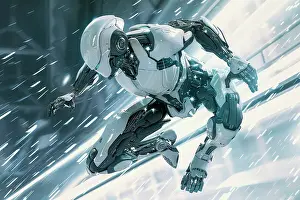 AI generated image of a Humanoid robot running and jumping over ice