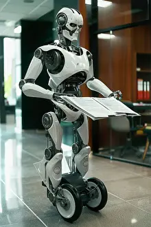 Modern Design Prints: AI generated image of a Humanoid robot on wheels carrying and distributing documents in an office environment