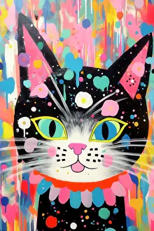 Illustration Prints: AI generated image of Imaginary cat in fantasy multicolored style