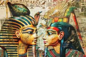 Symbolism Prints: AI generated image of a Isis and Osiris represented on tomb wall