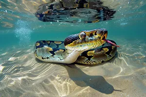 Snake Prints: AI generated image of a Large anaconda swimming under water
