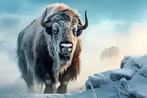 Bison Prints: AI generated image of a large male bison covered with ice walking in snow