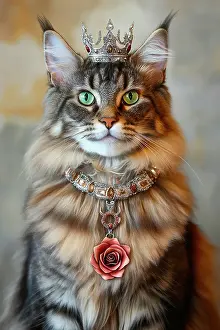 Noble Prints: AI generated image of Maine coon cat dressed in medieval attire with jewels