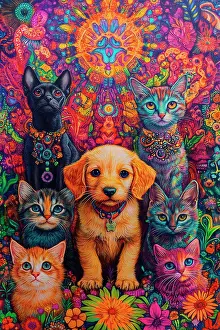 Love Prints: AI generated image of Puppies dogs and cats in a colorful flower setting
