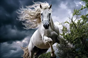 Awe Inspiring Prints: AI generated image of a Rearing white horse in thicket