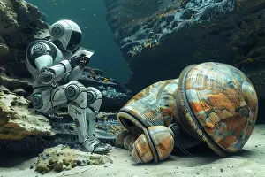 Innovation Prints: AI generated image of a Robot collecting samples of giant mussels and tubeworms in the deep sea