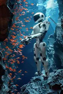 Robotics Prints: AI generated image of a Robot studying swarm of shrimps in a deep sea canyon with hydrothermal vents
