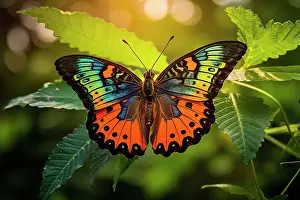 Rainforests Prints: AI generated image of a stylized beautifully multicolored Madagascar sunset butterfly in natural leafy environment
