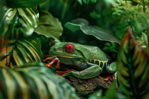 Frog Prints: AI generated image of a Stylized green tree frog with red eyes, America