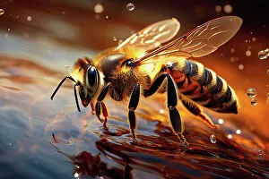 Golden Light Prints: AI generated image of a Stylized Honeybee on water