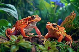 Rainforests Prints: AI generated image of two tomato frogs on leaves, Madagascar, Africa