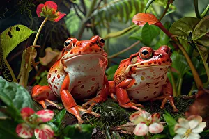 Rainforests Prints: AI generated image of two tomato frogs on leaves, Madagascar, Africa
