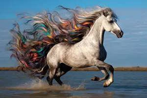 Strength Prints: AI generated image of White horse with a flamboyant mane galloping in the water
