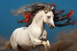 Strength Prints: AI generated image of White horse with flowered mane