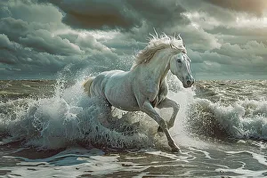 Foam Prints: AI generated image of a White horse running in the sea