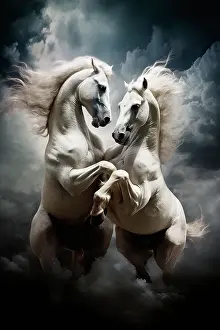 Horses Prints: AI generated image of White stallion horses fighting on the beach