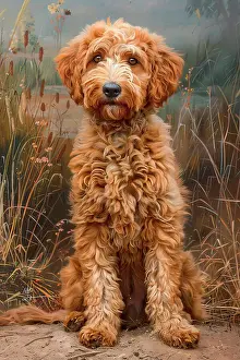 Puppy Prints: AI generated image of a Young goldendoodle pup sitting on the ground