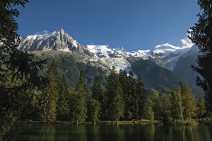 Aiguile du Midi and Mont Blanc, 4809m, and the Glaciers, from the Lake, Chamonix