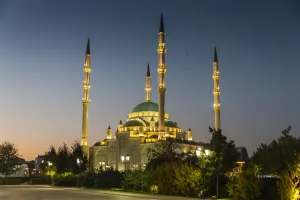 Grozny Prints: Akhmad Kadyrov Mosque after sunset, Grozny, Chechnya, Caucasus, Russia, Europe