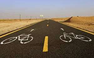 Road Marking Prints: Al Qudra cycling path near Dubai, United Arab Emirates, Middle East