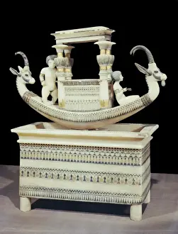 Black Background Prints: Alabaster boat showing the head of a Syrian ibex and a figure thought to be princess Mutnedjmet on the prow