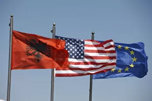 Albanian, American and European flags, Vlora, Albania, Europe
