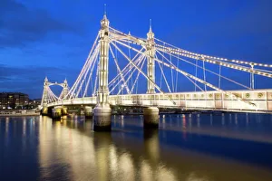 Lit Up Prints: Albert Bridge and River Thames at night, Chelsea, London, England, United Kingdom, Europe