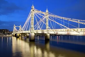 River Thames Gallery: Albert Bridge and River Thames at night, Chelsea, London, England, United Kingdom, Europe