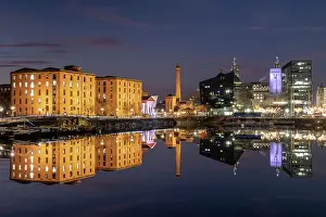 Liverpool Prints: The Albert Dock, Pumphouse and Liverpool Waterfront reflected in Salthouse Dock at night