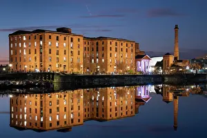 Liverpool Prints: The Albert Dock and Pumphouse reflected in Salthouse Dock at night