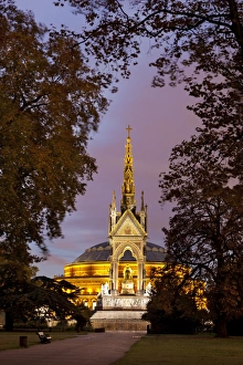 Music Venue Prints: Albert Memorial and Royal Albert Hall at dusk, Hyde Park, London, England
