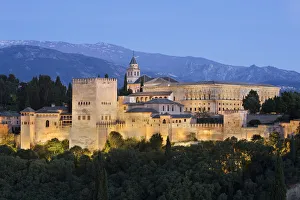 The Alhambra, UNESCO World Heritage Site, and Sierra Nevada mountains from Mirador de San Nicolas
