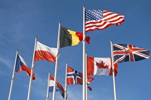 Calvados Prints: Allied forces flags flying at War Landing Beaches, Calvados, Normandy, France, Europe