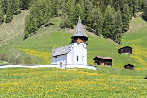 Typically Swiss Prints: Alpine church and huts, Davos, Canton of Graubunden, Prettigovia Davos Region, Switzerland