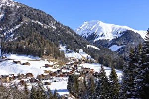 Mountain Peaks Prints: The alpine village of Langwies framed by woods and snowy peaks, district of Plessur