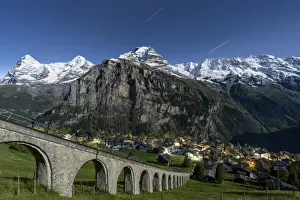 Bern Canton Prints: Alpine village of Murren and funicular railway lit by star trail, Lauterbrunnen