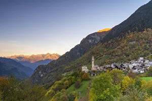 Bell Tower Prints: Alpine village of Soglio during autumn, Val Bregaglia, Canton of Graubunden, Switzerland