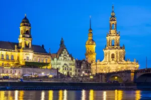 Typically German Prints: Altstadt (Old Town) skyline, historic buildings along the Elbe River at night, Dresden
