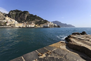 Amalfi Prints: Amalfi harbour quayside and view towards Amalfi town, Costiera Amalfitana (Amalfi Coast)