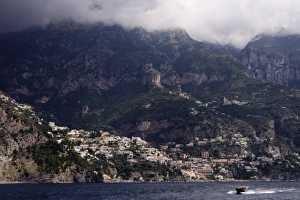 Amalfi Prints: Amalfi and motor launch from the Mediterranean, Campania, Italy, Europe