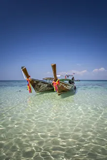 Long Tail Boat Prints: Amazing Blue Water at Bamboo Beach, Maya Bay with long tail boats, Phi Phi Lay Island