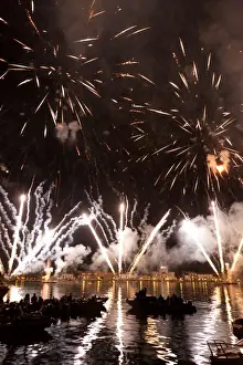 The amazing fireworks display during the night of Redentore celebration in the basin of St. Mark, Venice, Veneto, Italy, Europe
