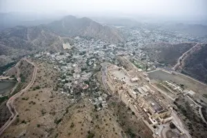 Amber Palace Prints: Amber Palace and Amber village in the Aravali hills, seen from the air