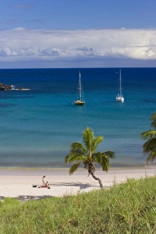 Images Dated 17th March 2008: Anakena beach, the only white sand beach on the Island, Rapa Nui (Easter Island)