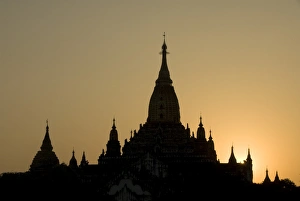 Traditionally Myanmarian Prints: Ananda Pahto at sunset, Bagan (Pagan), Myanmar (Burma), Asia