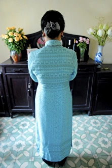 Black Hair Prints: Ancestor worship in a Hanoi home, Vietnam, Indochina, Southeast Asia, Asia