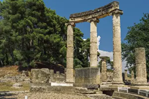 Ancient Olympia, archaeological site with Philippeion circular memorial columns, UNESCO World Heritage Site, Olympia, Greece, Europe